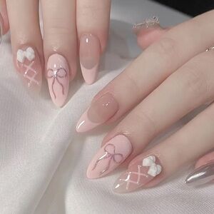 Pink and White Bow Press on Nails